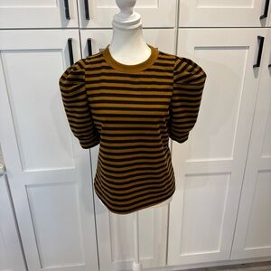 Who What Wear Black and Brown Striped Puff Sleeve Top Sz S